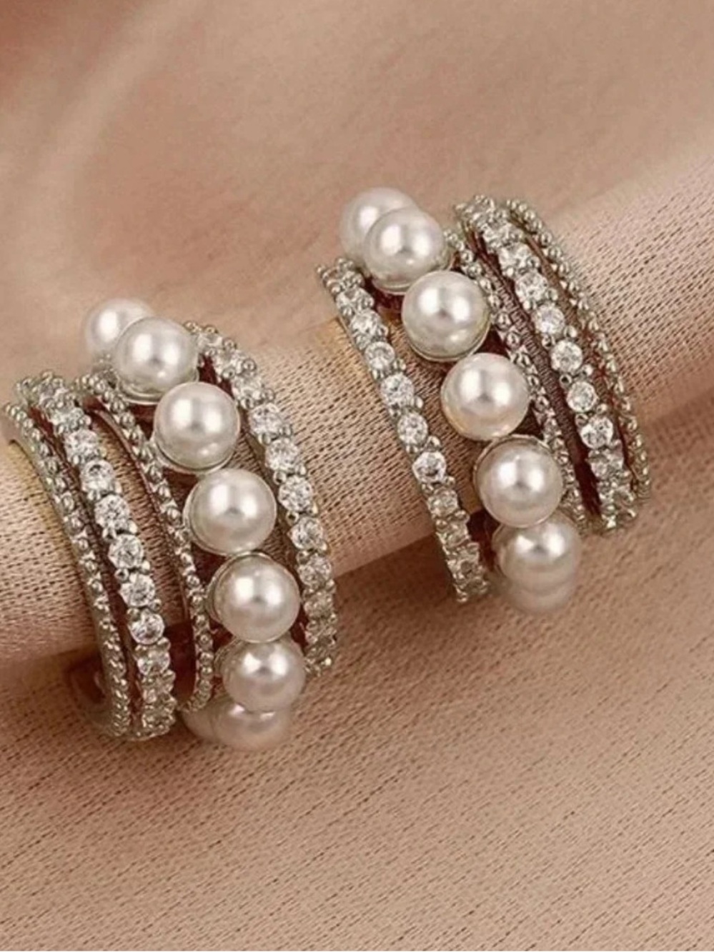 Elegant Pearl & Crystal  Silver NWT Hoop Earrings - White Pearls